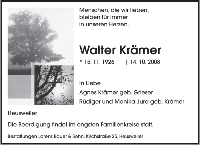  Traueranzeige für Walter Krämer vom 16.10.2008 aus SAARBRÜCKER ZEITUNG