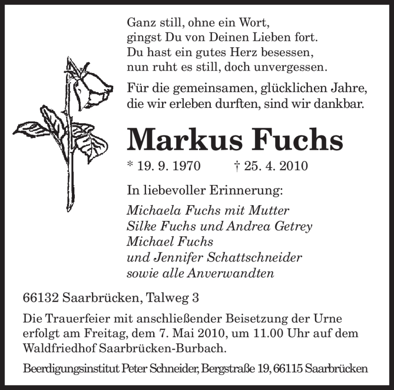  Traueranzeige für Markus Fuchs vom 03.05.2010 aus SAARBRÜCKER ZEITUNG