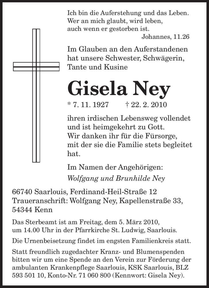  Traueranzeige für Gisela Ney vom 02.03.2010 aus SAARBRÜCKER ZEITUNG