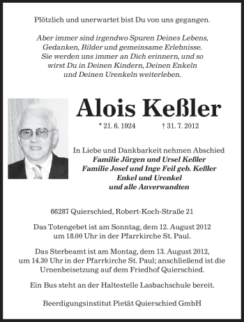 Traueranzeige von Alois Keßler von SAARBRÜCKER ZEITUNG