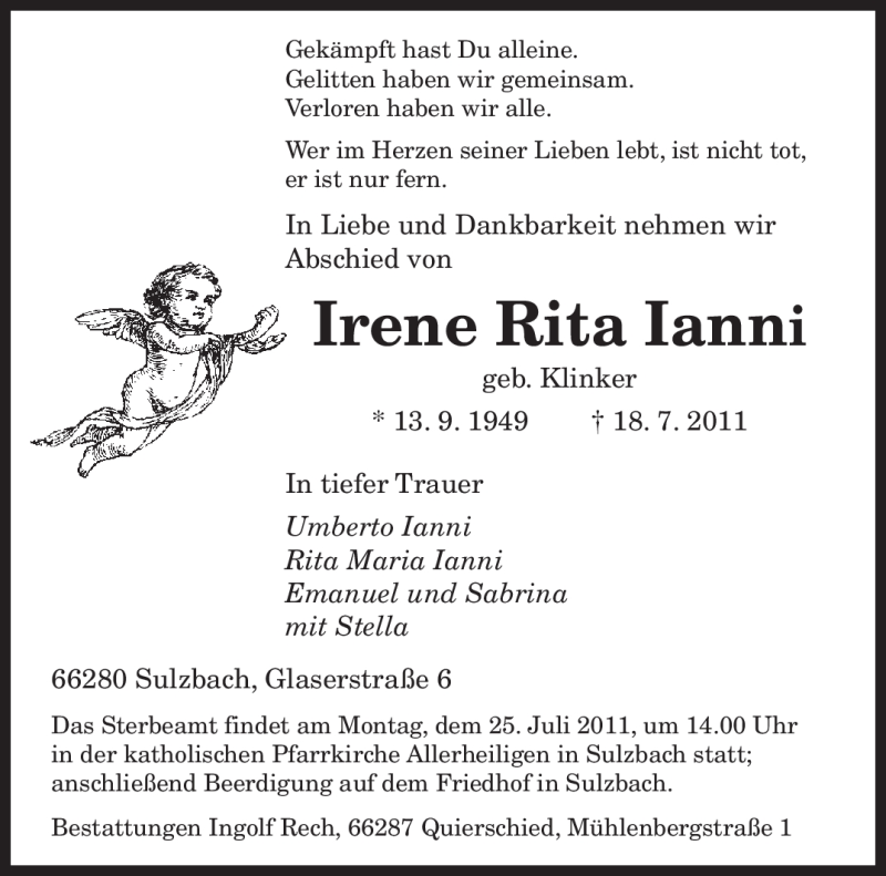  Traueranzeige für Irene Rita Ianni vom 21.07.2011 aus SAARBRÜCKER ZEITUNG