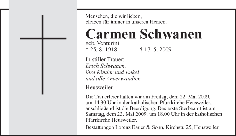  Traueranzeige für Carmen Schwanen vom 19.05.2009 aus SAARBRÜCKER ZEITUNG