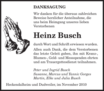 Traueranzeige von Heinz Busch von SAARBRÜCKER ZEITUNG