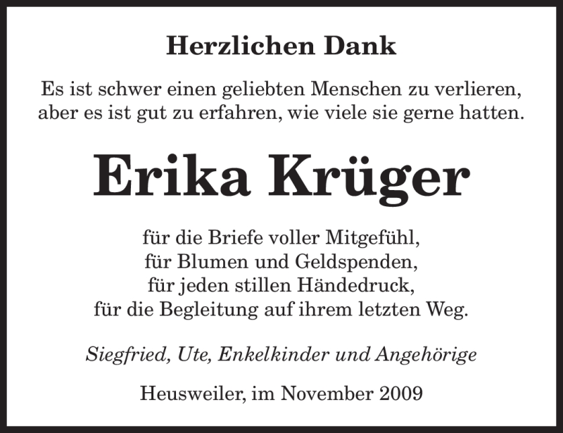  Traueranzeige für Erika Krüger vom 11.11.2009 aus SAARBRÜCKER ZEITUNG