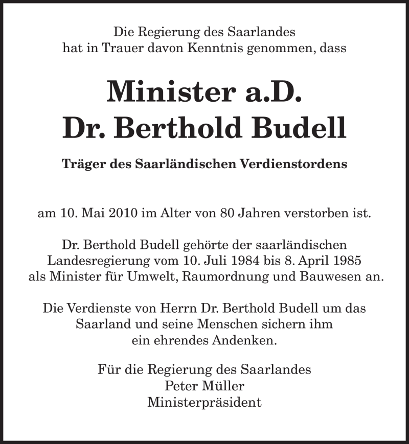  Traueranzeige für Berthold Budell vom 15.05.2010 aus SAARBRÜCKER ZEITUNG