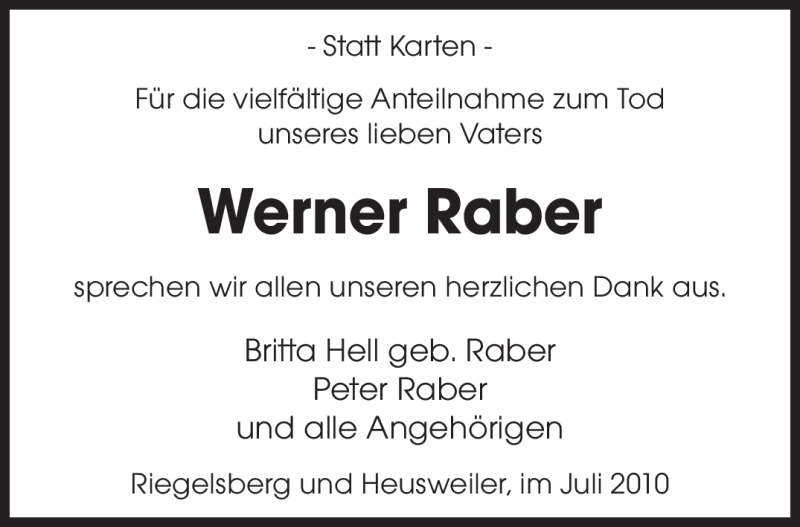  Traueranzeige für Werner Raber vom 30.07.2010 aus SAARBRÜCKER ZEITUNG