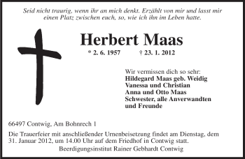 Traueranzeige von Herbert Maas von SAARBRÜCKER ZEITUNG