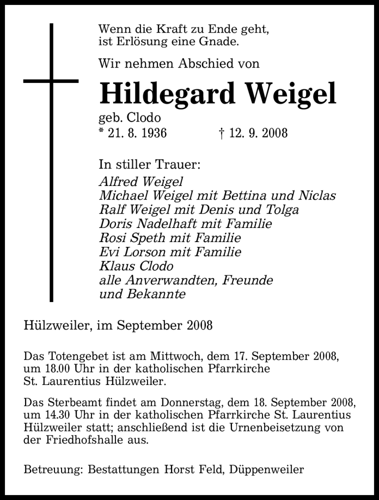 Traueranzeigen von Hildegard Weigel | Saarbruecker-Zeitung.Trauer.de