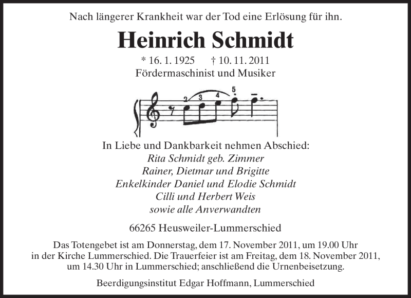  Traueranzeige für Heinrich Schmidt vom 16.11.2011 aus SAARBRÜCKER ZEITUNG