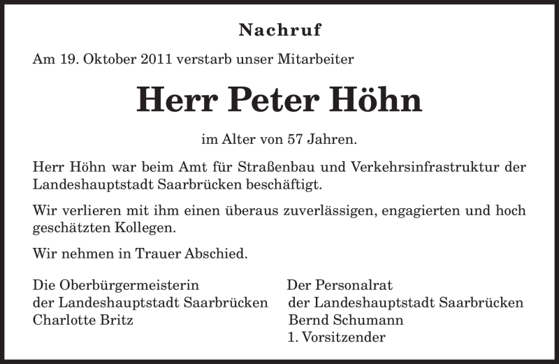  Traueranzeige für Peter Höhn vom 28.10.2011 aus SAARBRÜCKER ZEITUNG