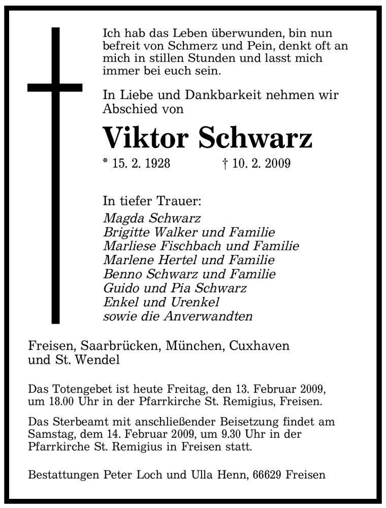  Traueranzeige für Viktor Schwarz vom 13.02.2009 aus SAARBRÜCKER ZEITUNG