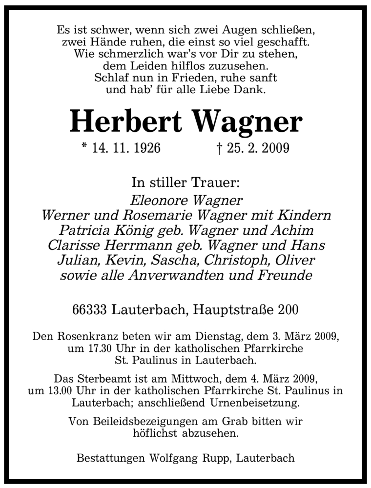  Traueranzeige für Herbert Wagner vom 28.02.2009 aus SAARBRÜCKER ZEITUNG