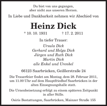 Traueranzeige von Heinz Dick von SAARBRÜCKER ZEITUNG