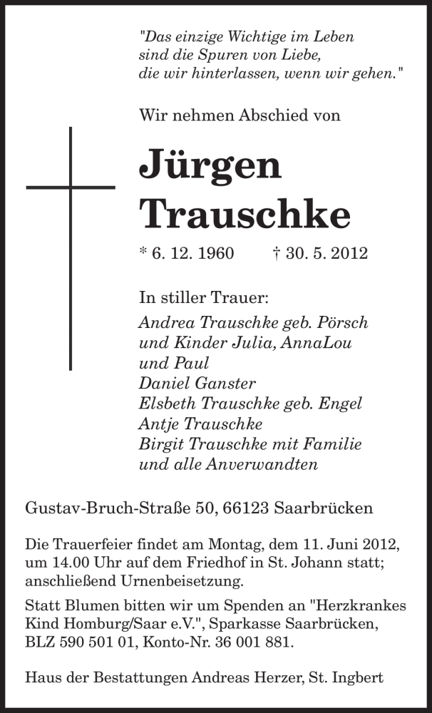  Traueranzeige für Jürgen Trauschke vom 02.06.2012 aus SAARBRÜCKER ZEITUNG