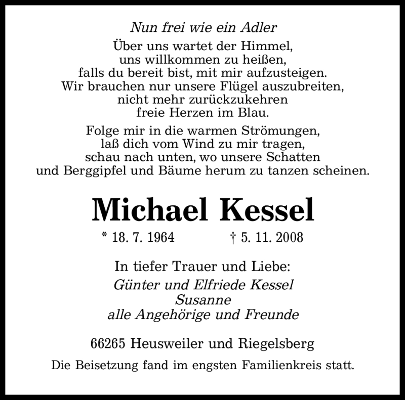  Traueranzeige für Michael Kessel vom 17.11.2008 aus SAARBRÜCKER ZEITUNG