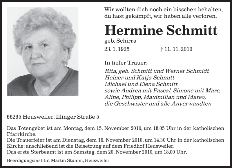  Traueranzeige für Hermine Schmitt vom 13.11.2010 aus SAARBRÜCKER ZEITUNG