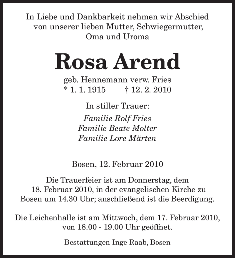  Traueranzeige für Rosa Arend vom 16.02.2010 aus SAARBRÜCKER ZEITUNG