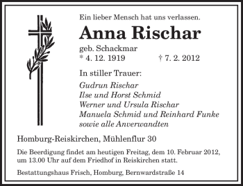 Traueranzeige von Anna Rischar von SAARBRÜCKER ZEITUNG