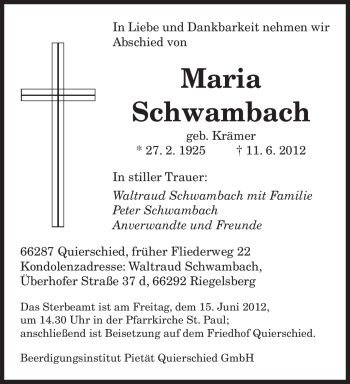 Traueranzeige von Maria Schwambach von SAARBRÜCKER ZEITUNG