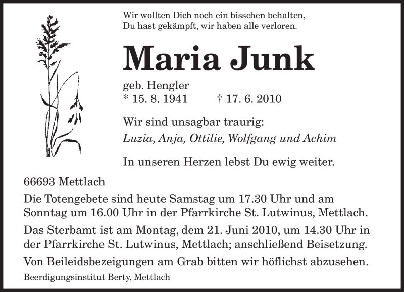  Traueranzeige für Maria Junk vom 19.06.2010 aus SAARBRÜCKER ZEITUNG