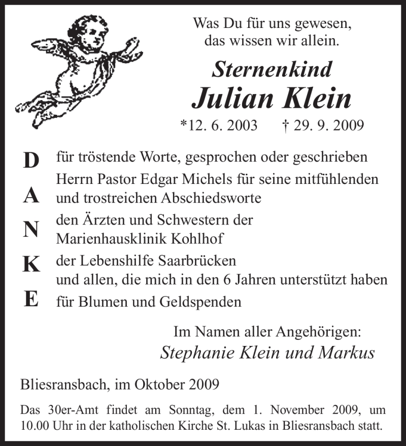  Traueranzeige für Julian Klein vom 17.10.2009 aus SAARBRÜCKER ZEITUNG