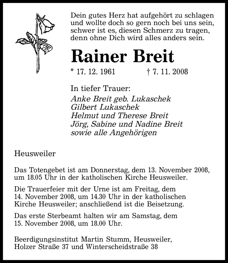  Traueranzeige für Rainer Breit vom 11.11.2008 aus SAARBRÜCKER ZEITUNG