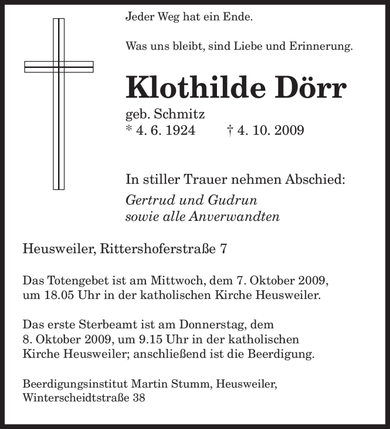  Traueranzeige für Klothilde Dörr vom 06.10.2009 aus SAARBRÜCKER ZEITUNG