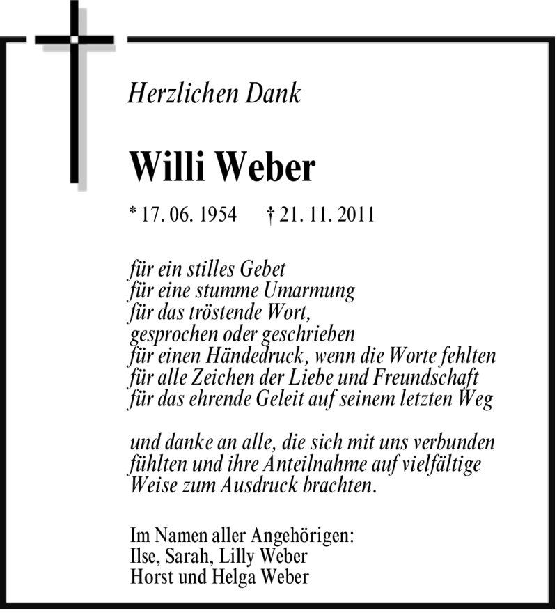  Traueranzeige für Willi Weber vom 17.12.2011 aus SAARBRÜCKER ZEITUNG
