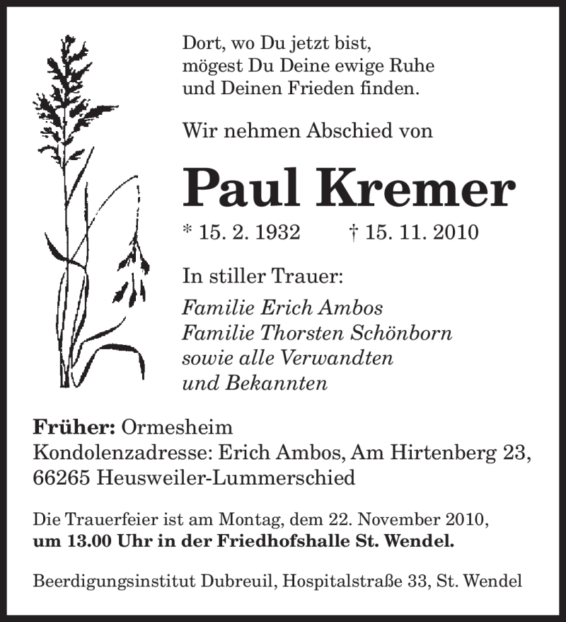  Traueranzeige für Paul Kremer vom 18.11.2010 aus SAARBRÜCKER ZEITUNG