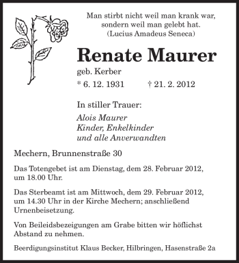 Traueranzeige von Renate Maurer von SAARBRÜCKER ZEITUNG