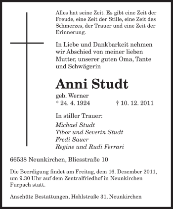 Traueranzeige von Anni Studt von SAARBRÜCKER ZEITUNG