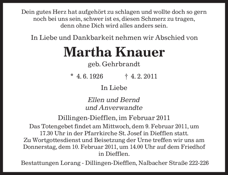  Traueranzeige für Martha Knauer vom 09.02.2011 aus SAARBRÜCKER ZEITUNG
