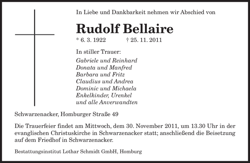  Traueranzeige für Rudolf Bellaire vom 28.11.2011 aus SAARBRÜCKER ZEITUNG