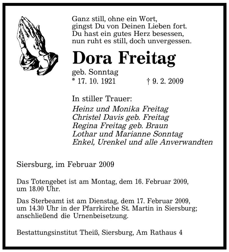  Traueranzeige für Dora Freitag vom 13.02.2009 aus SAARBRÜCKER ZEITUNG