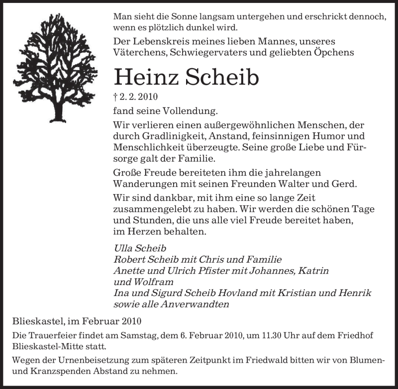  Traueranzeige für Heinz Scheib vom 04.02.2010 aus SAARBRÜCKER ZEITUNG