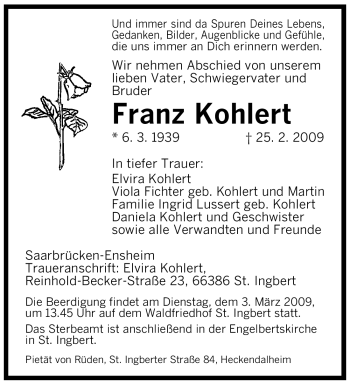 Traueranzeige von Franz Kohlert von SAARBRÜCKER ZEITUNG
