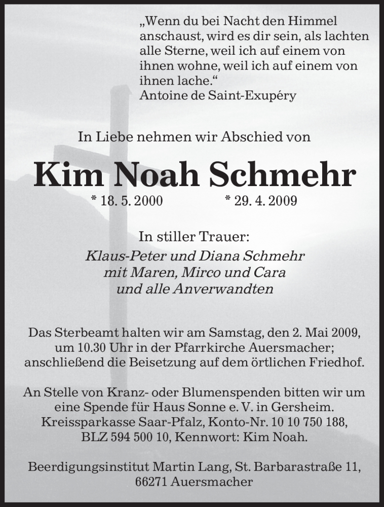  Traueranzeige für Kim Noah Schmehr vom 02.05.2009 aus SAARBRÜCKER ZEITUNG