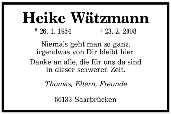 Traueranzeige von Heike Wätzmann von SAARBRÜCKER ZEITUNG