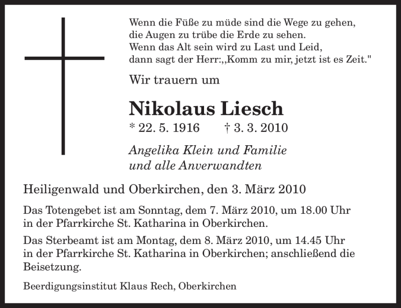  Traueranzeige für Nikolaus Liesch vom 06.03.2010 aus SAARBRÜCKER ZEITUNG
