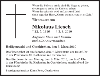 Traueranzeige von Nikolaus Liesch von SAARBRÜCKER ZEITUNG