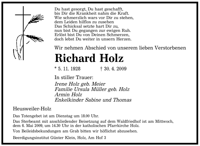  Traueranzeige für Richard Holz vom 04.05.2009 aus SAARBRÜCKER ZEITUNG
