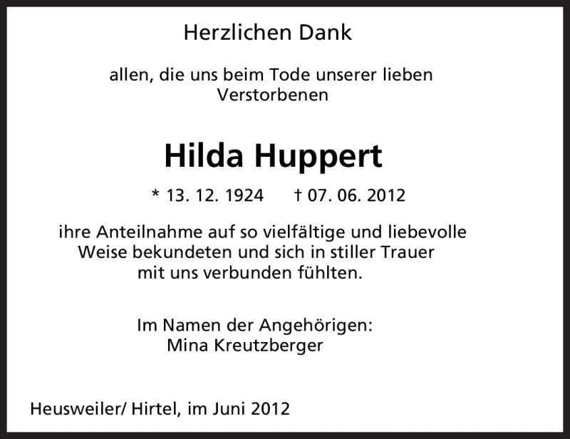  Traueranzeige für Hilda Huppert vom 23.06.2012 aus SAARBRÜCKER ZEITUNG