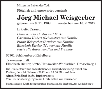 Traueranzeige von Jörg Michael Weisgerber von SAARBRÜCKER ZEITUNG