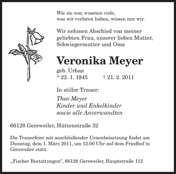 Traueranzeige von Veronika Meyer von SAARBRÜCKER ZEITUNG