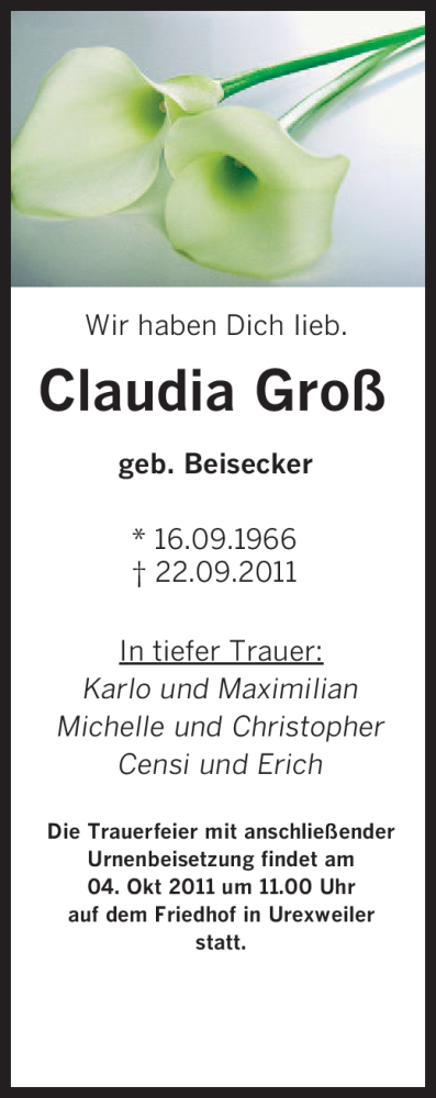  Traueranzeige für Claudia Groß vom 01.10.2011 aus SAARBRÜCKER ZEITUNG