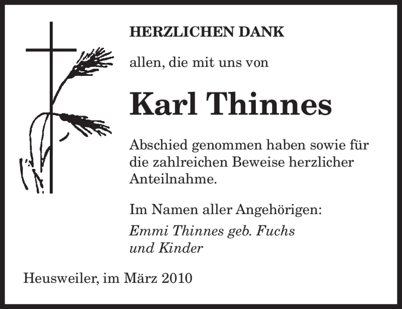  Traueranzeige für Karl Thinnes vom 13.03.2010 aus SAARBRÜCKER ZEITUNG