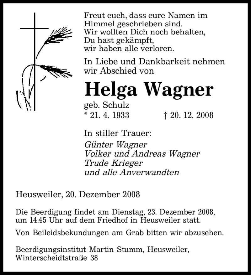  Traueranzeige für Helga Wagner vom 22.12.2008 aus SAARBRÜCKER ZEITUNG