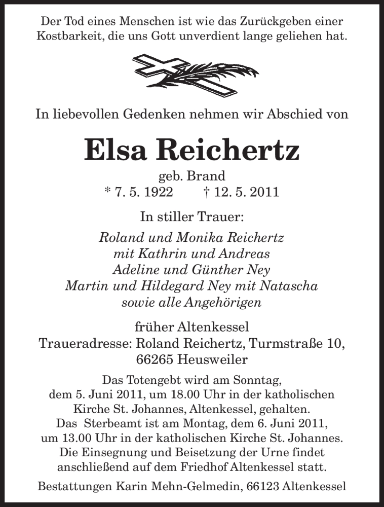  Traueranzeige für Elsa Reichertz vom 01.06.2011 aus SAARBRÜCKER ZEITUNG