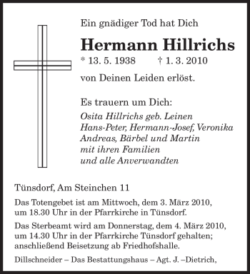 Traueranzeige von Hermann Hillrichs von SAARBRÜCKER ZEITUNG