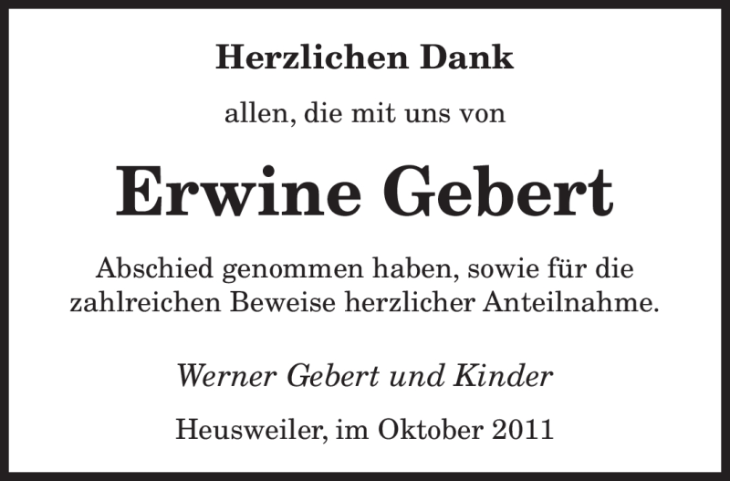  Traueranzeige für Erwine Gebert vom 22.10.2011 aus SAARBRÜCKER ZEITUNG